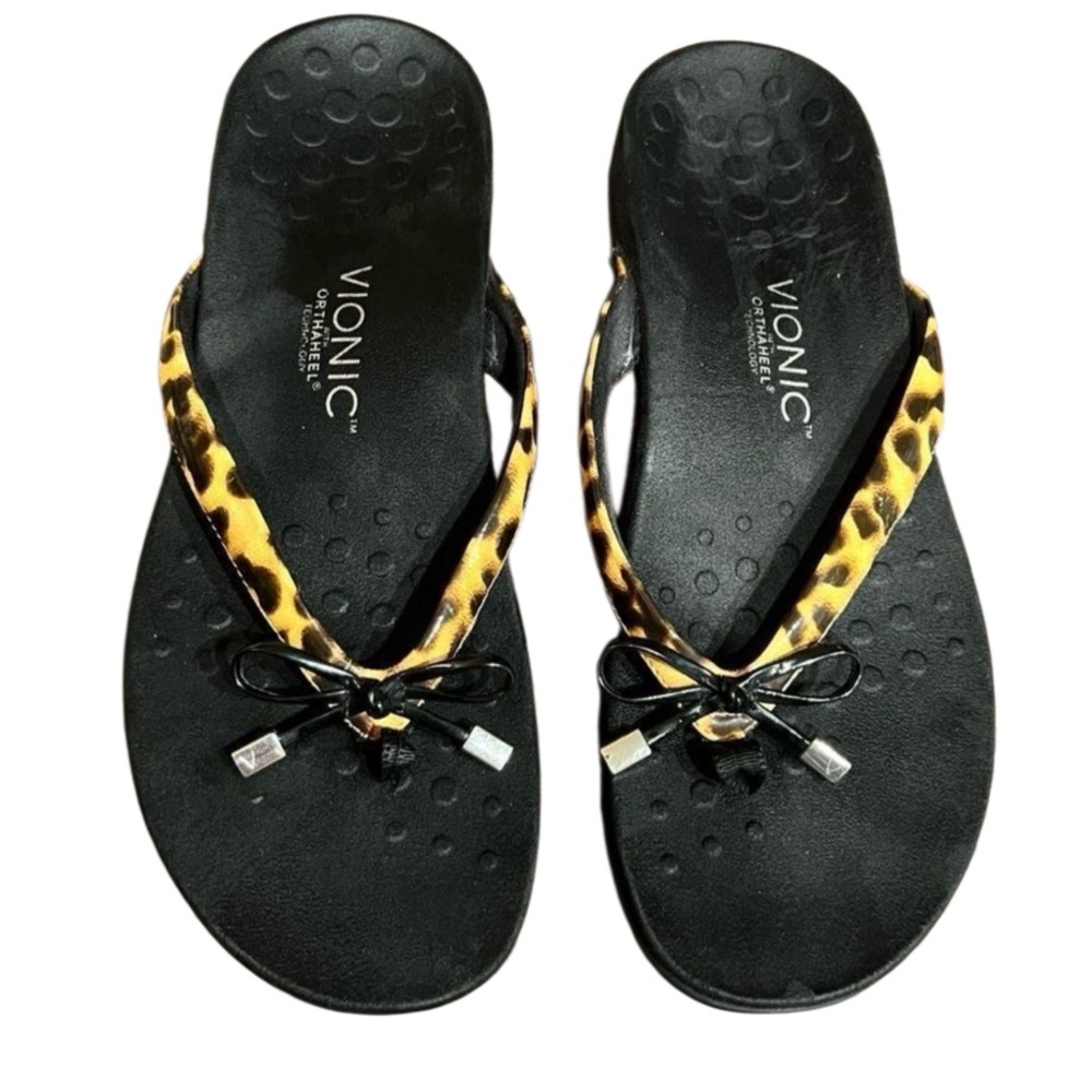 Vionic Bella cheetah Leopard Black Flip Flop Thong Comfort Sandal Orthotic 10